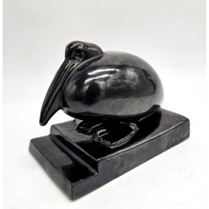 Paul Bonifas : Pelican en céramique à couverte noir métallisée 