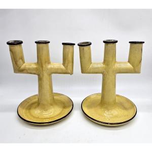 Etienne Noel: Pair Of Modernist 3-branch Varnished Earthenware Candlesticks