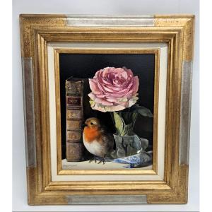 Arnold Toubeix. Nature morte : Rose, Livre et Rouge-gorge