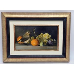 Arnold Toubeix. Nature morte : Moineau et fruits