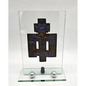 Enamelled Bronze Orthodox Cross On Glass Display Stand