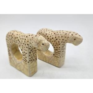 Pair Of Leopard-print Napkin Rings Made Of Longwy Enamel