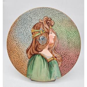Large Art Nouveau Platter With A Depiction Of A Woman, Made Of Longchamp Earthenware