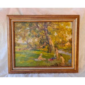 Vladimir Vassine: Bathing. Impressionist Oil Painting On Panel