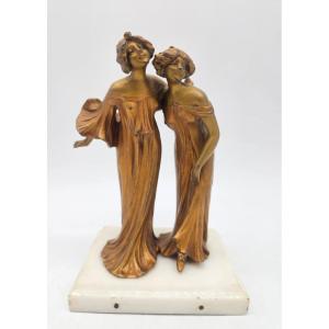 Lucien Alliés: "binoculars" Art Nouveau Statuette Made Of Patinated Cast Metal