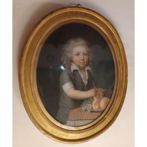 l'Enfant à La Coupe De Fruits : Portrait Pastel Début 19ème S