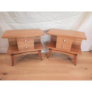 Pair Of Art Deco Blond Walnut Bedside Tables 1950s