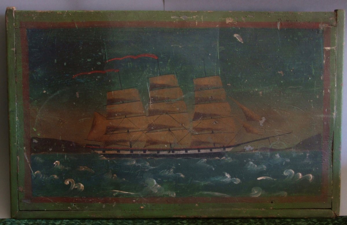 Painted Top Of A Sailor Chest / Folk Art XIXth