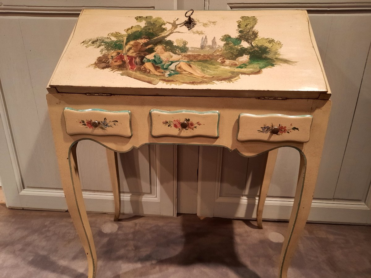 Bureau De Pente De Style Louis XV Peint Dans Le Goût Du XVIIIème Siècle.-photo-4