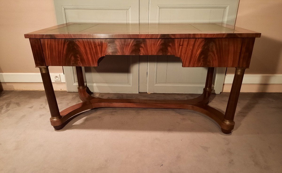 Bureau Plat En Acajou à Deux Tirettes Latérales, De Style Empire Et D’époque XIXème Siècle.-photo-3