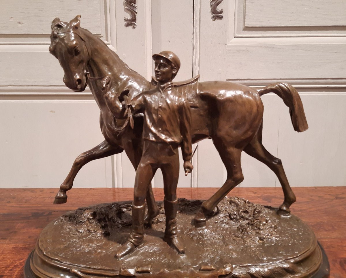 Bronze Representing A Jockey And His Horse Signed Pj Mène 1866, Vintage 20th Century.-photo-1