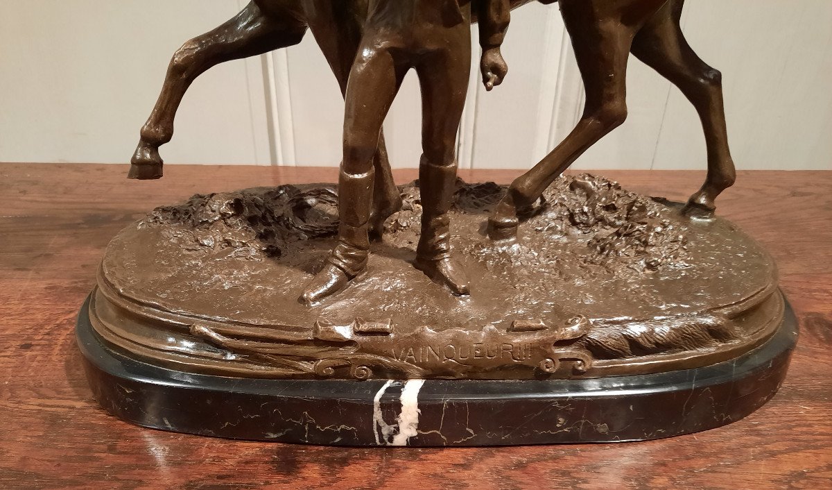Bronze Représentant Un Jockey Et Son Cheval Signé P.J. Mène 1866, D’époque XXème Siècle.-photo-2