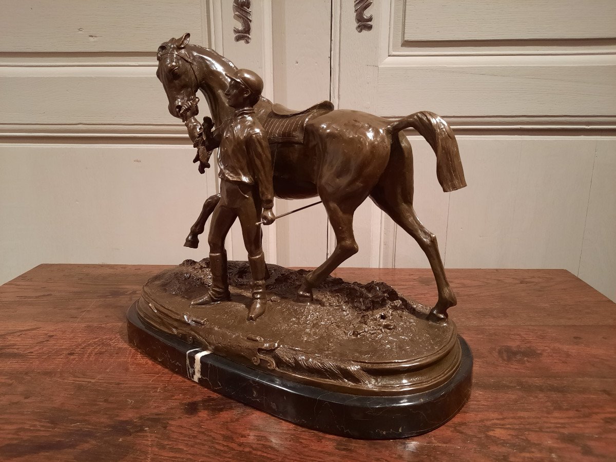 Bronze Représentant Un Jockey Et Son Cheval Signé P.J. Mène 1866, D’époque XXème Siècle.-photo-3