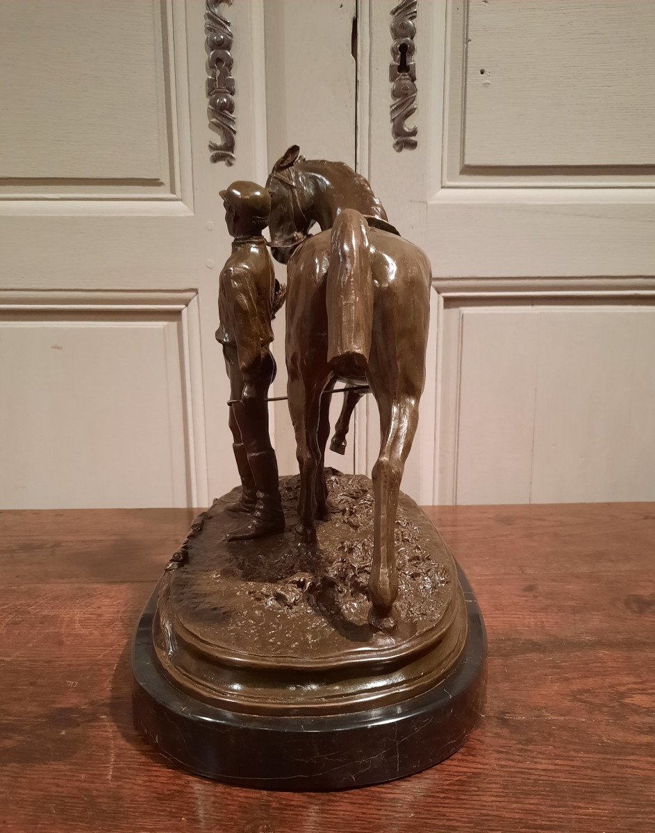Bronze Représentant Un Jockey Et Son Cheval Signé P.J. Mène 1866, D’époque XXème Siècle.-photo-4