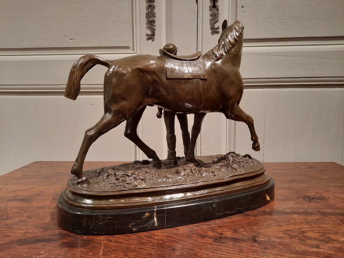 Bronze Représentant Un Jockey Et Son Cheval Signé P.J. Mène 1866, D’époque XXème Siècle.-photo-5