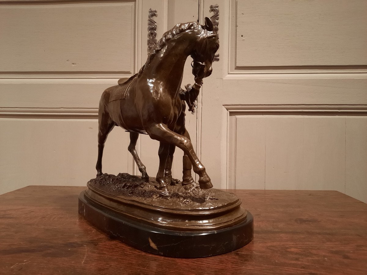 Bronze Représentant Un Jockey Et Son Cheval Signé P.J. Mène 1866, D’époque XXème Siècle.-photo-6