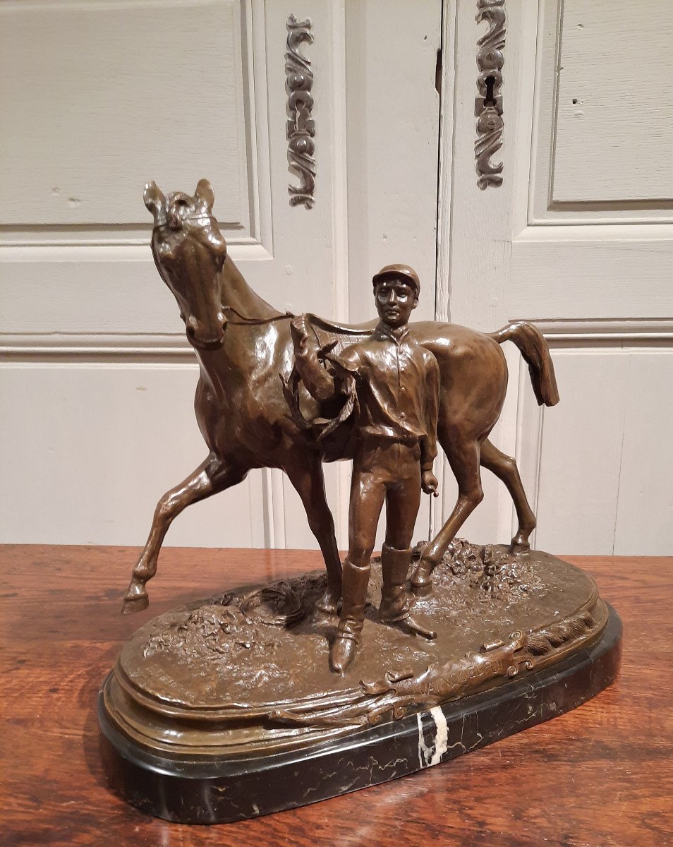 Bronze Représentant Un Jockey Et Son Cheval Signé P.J. Mène 1866, D’époque XXème Siècle.-photo-7