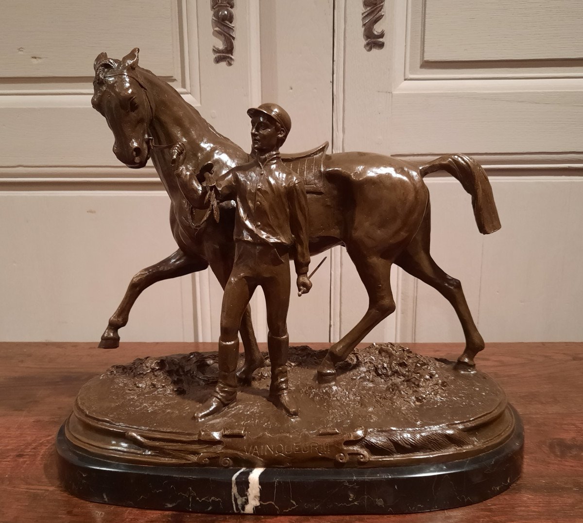 Bronze Representing A Jockey And His Horse Signed Pj Mène 1866, Vintage 20th Century.