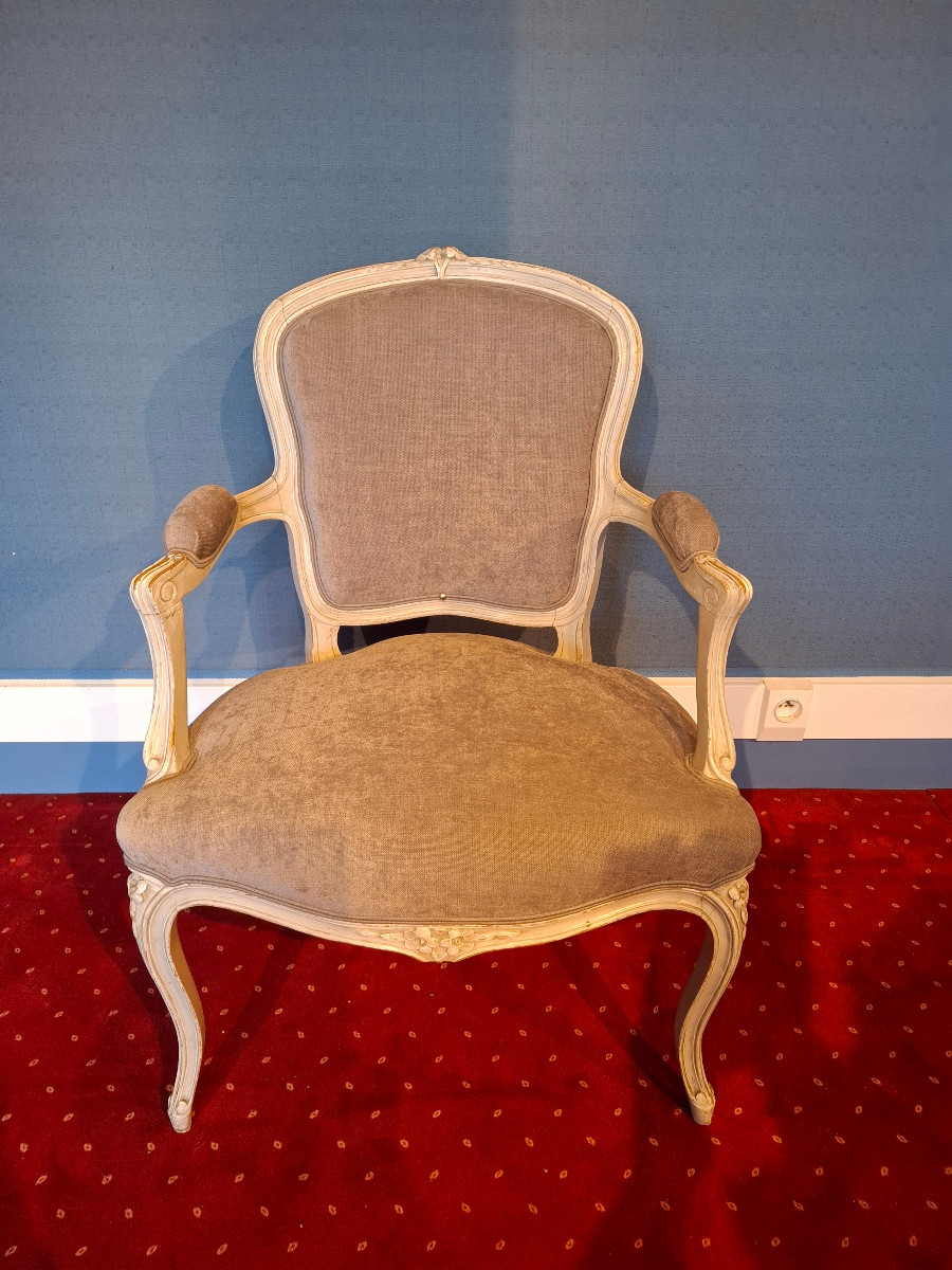 Pair Of Louis XV Style Cabriolet Armchairs In Rechampi Wood, Late 19th Century-photo-2