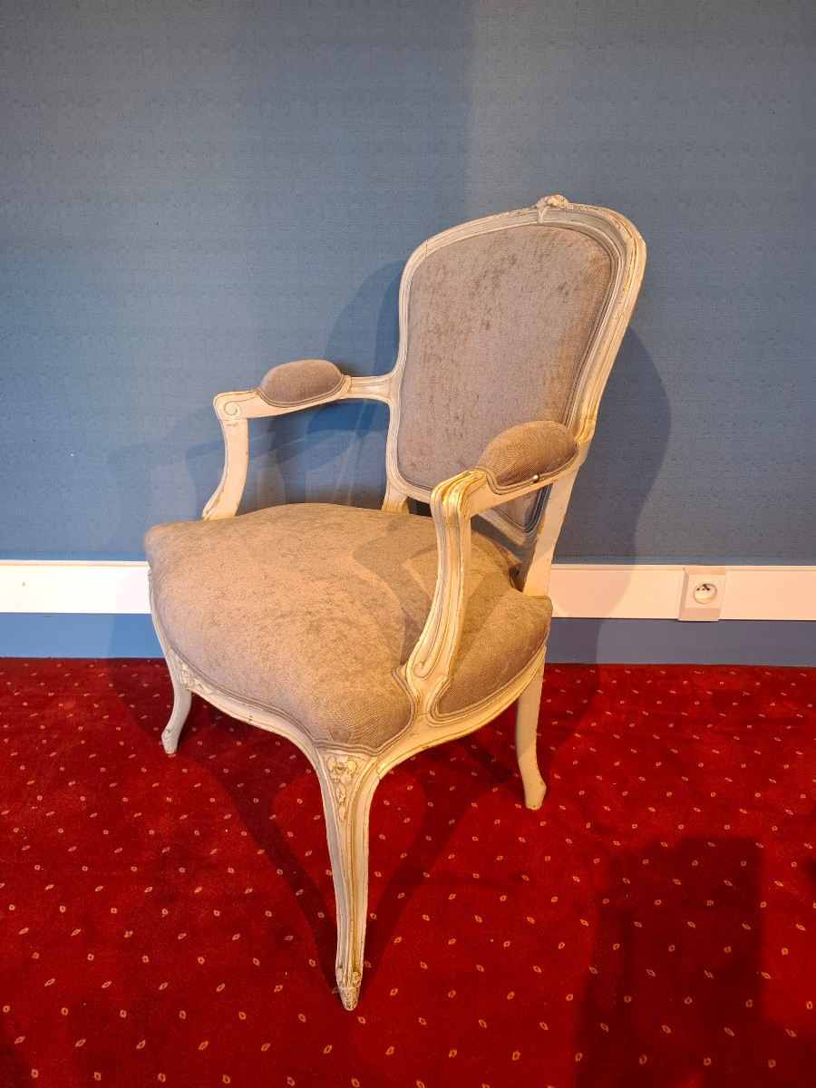 Pair Of Louis XV Style Cabriolet Armchairs In Rechampi Wood, Late 19th Century-photo-3