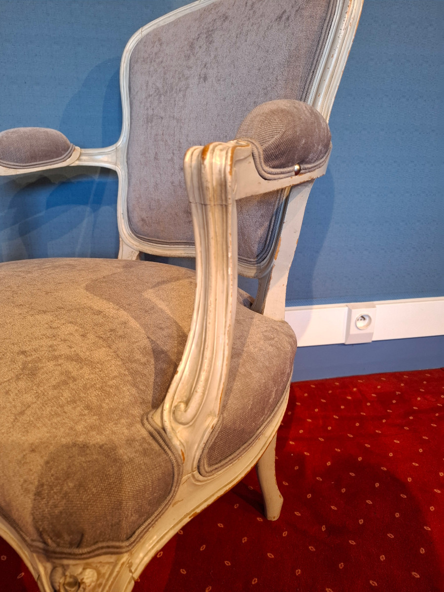Pair Of Louis XV Style Cabriolet Armchairs In Rechampi Wood, Late 19th Century-photo-6