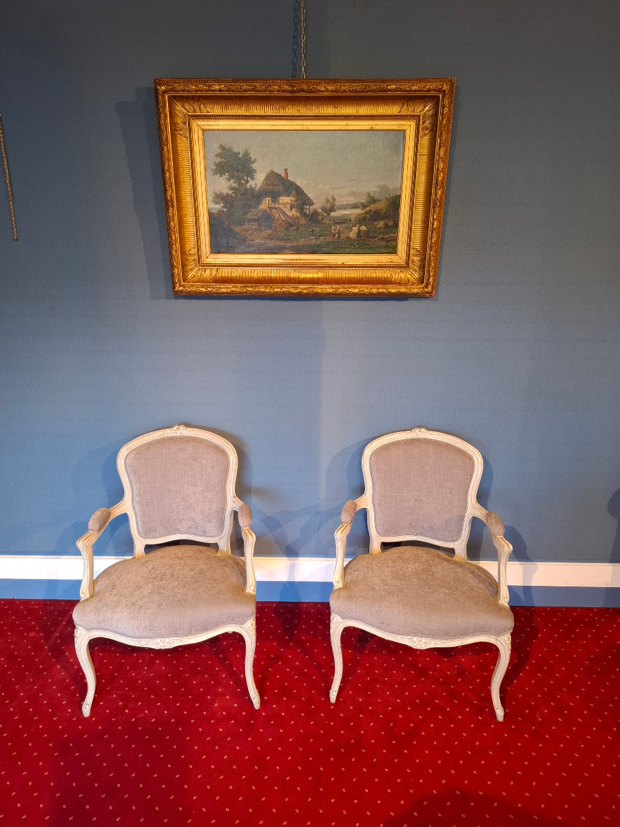Pair Of Louis XV Style Cabriolet Armchairs In Rechampi Wood, Late 19th Century-photo-8