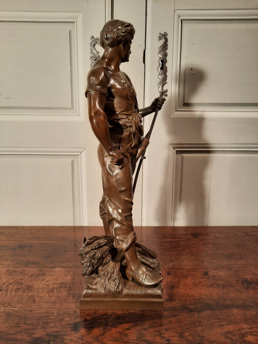 A Bronze Sculpture Depicting A Harvester, Signed Picault.-photo-3