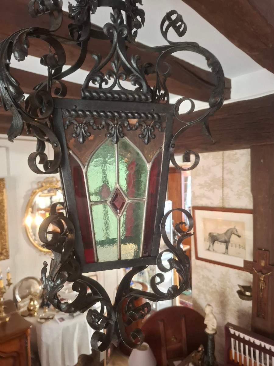 19th-century Wrought-iron Lantern With Leaded Stained-glass Windows.-photo-2