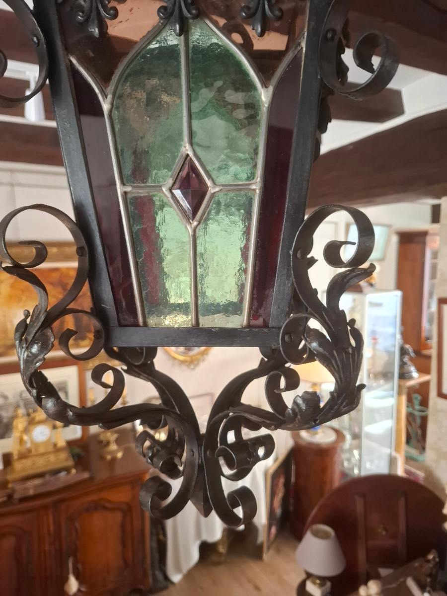 19th-century Wrought-iron Lantern With Leaded Stained-glass Windows.-photo-3