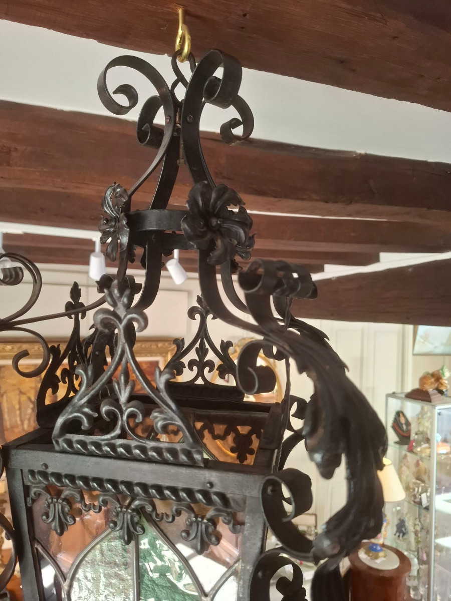 19th-century Wrought-iron Lantern With Leaded Stained-glass Windows.-photo-4
