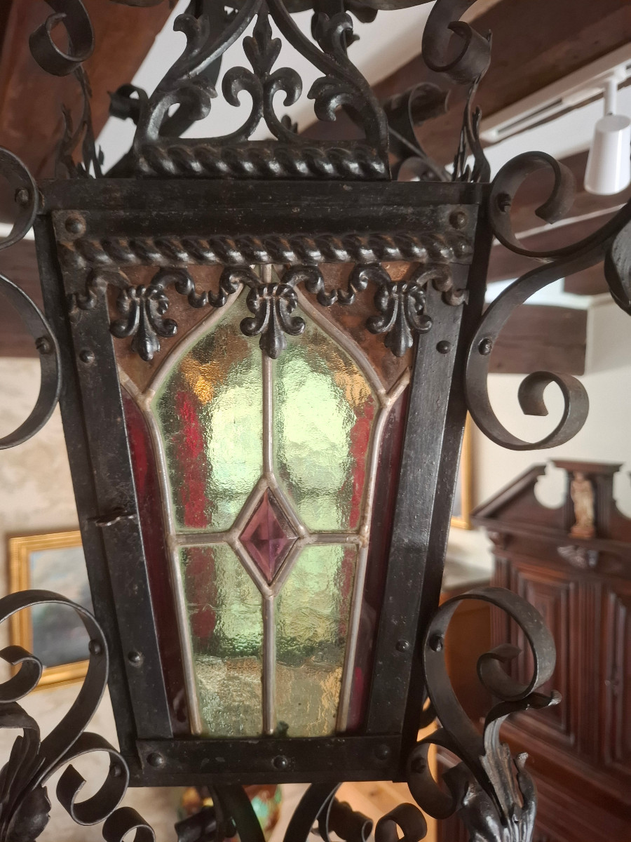 19th-century Wrought-iron Lantern With Leaded Stained-glass Windows.-photo-4