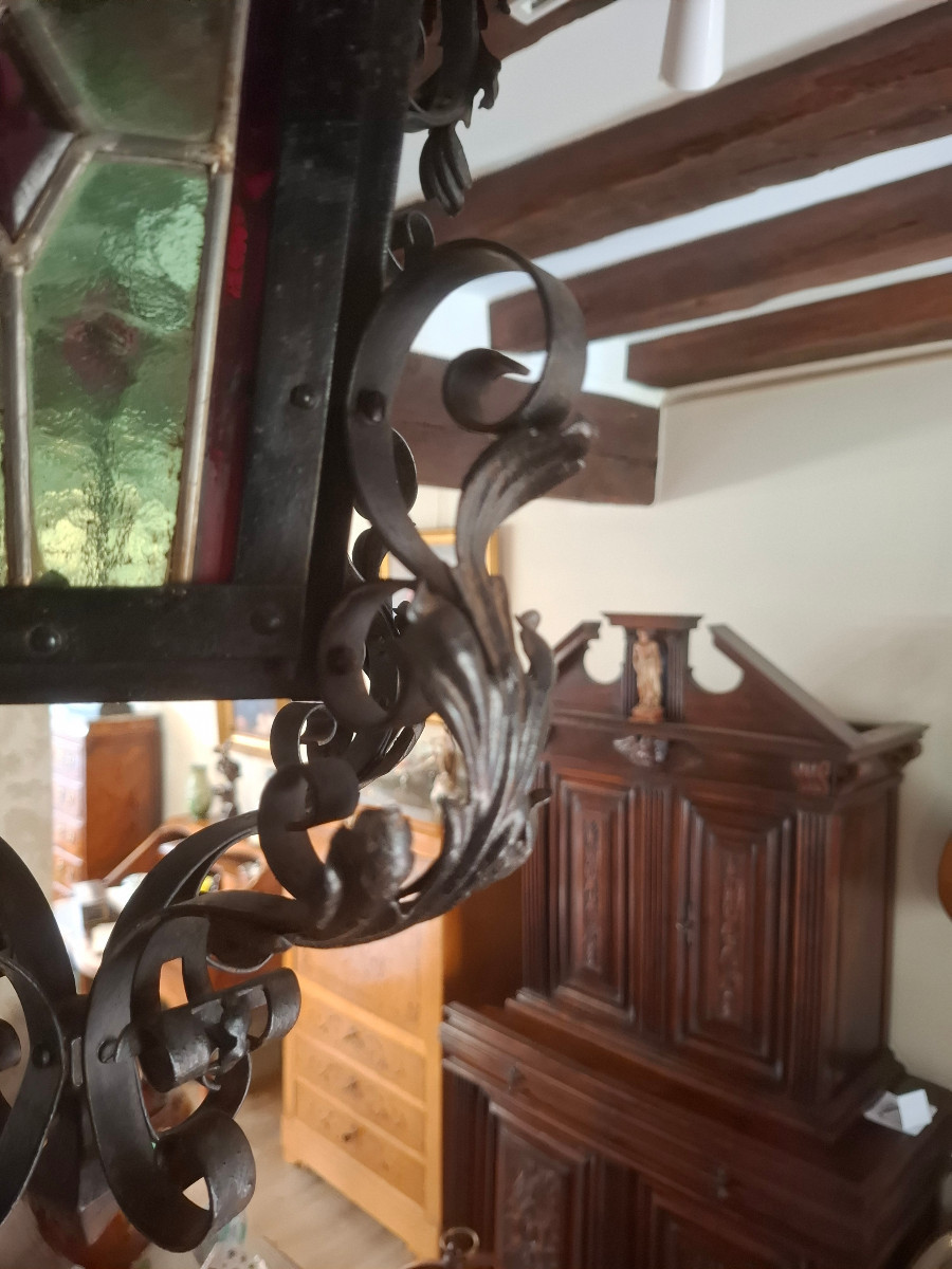 19th-century Wrought-iron Lantern With Leaded Stained-glass Windows.-photo-6