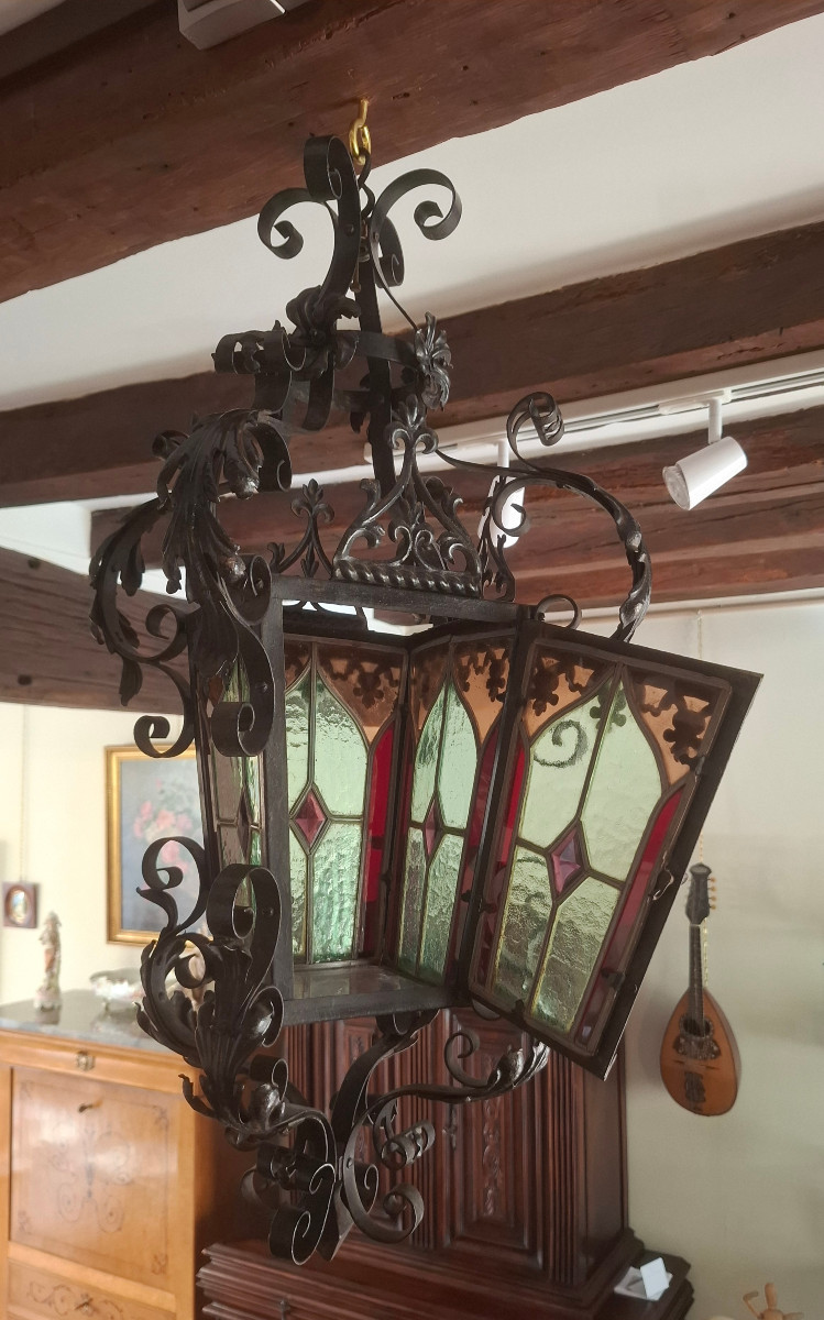 19th-century Wrought-iron Lantern With Leaded Stained-glass Windows.-photo-7