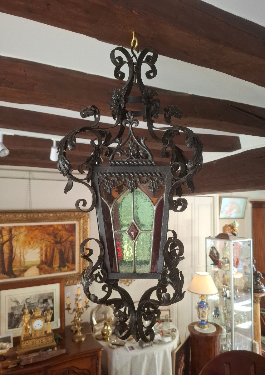 19th-century Wrought-iron Lantern With Leaded Stained-glass Windows.