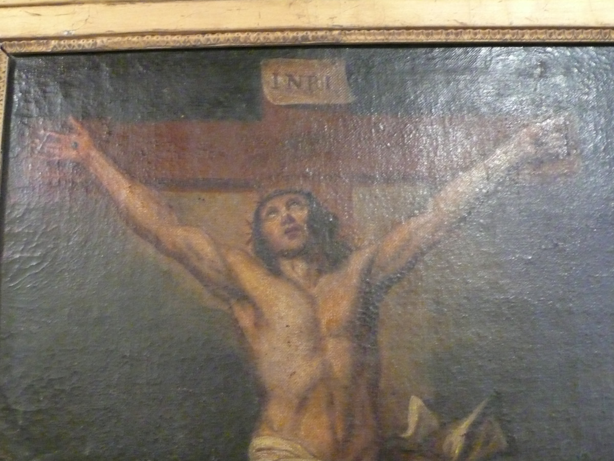 Crucifixion, 18th Century Painting On Canvas.-photo-4