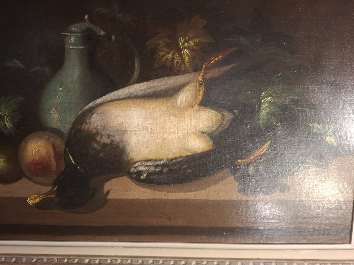Still Life With A Duck And Fruit, Oil On Canvas, 19th Century.-photo-2