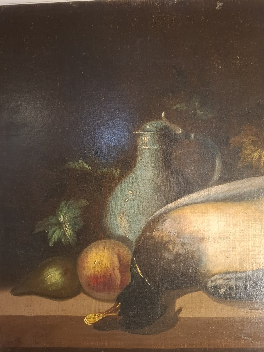 Still Life With A Duck And Fruit, Oil On Canvas, 19th Century.-photo-3