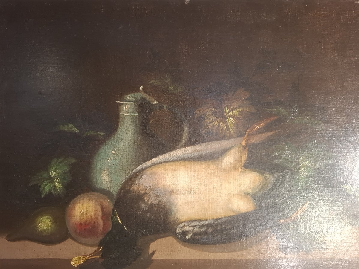 Still Life With A Duck And Fruit, Oil On Canvas, 19th Century.-photo-1