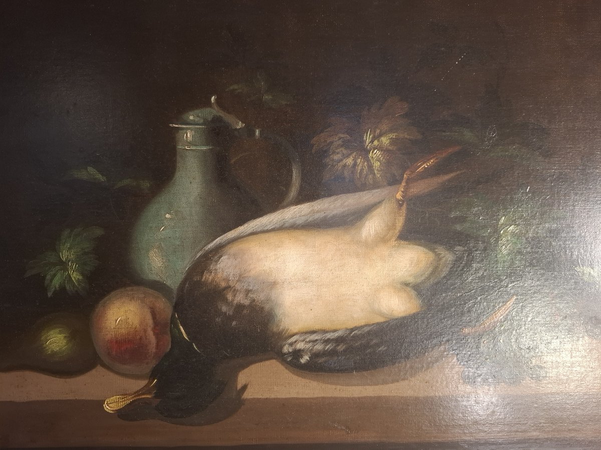 Still Life With A Duck And Fruit, Oil On Canvas, 19th Century.-photo-2