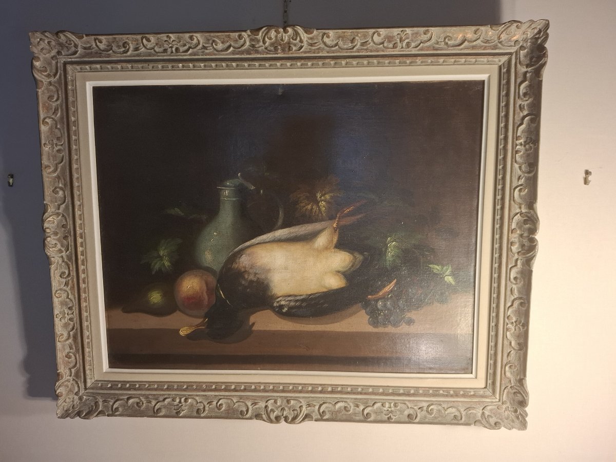 Still Life With A Duck And Fruit, Oil On Canvas, 19th Century.-photo-6