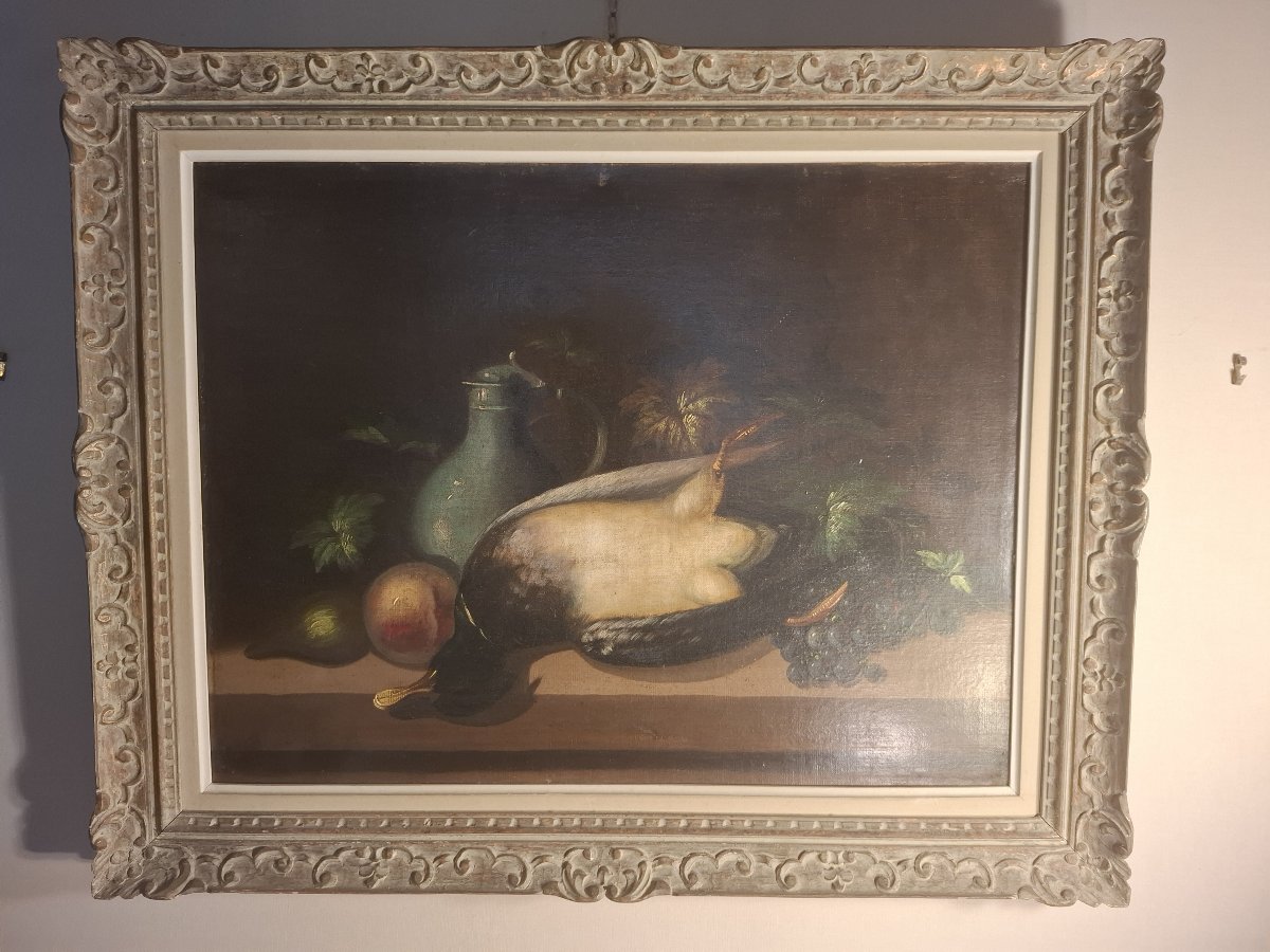 Still Life With A Duck And Fruit, Oil On Canvas, 19th Century.
