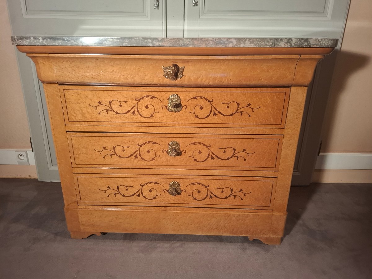 A Charles X-era Chest Of Drawers Made Of Mottled Maple And Amaranth.