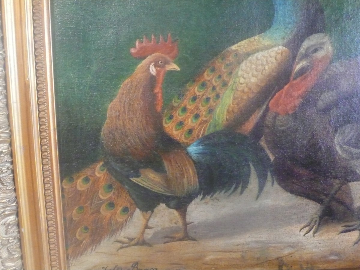 Table Representing A Peacock, A Rooster And A Turkey Signed Jules Bracq.-photo-3