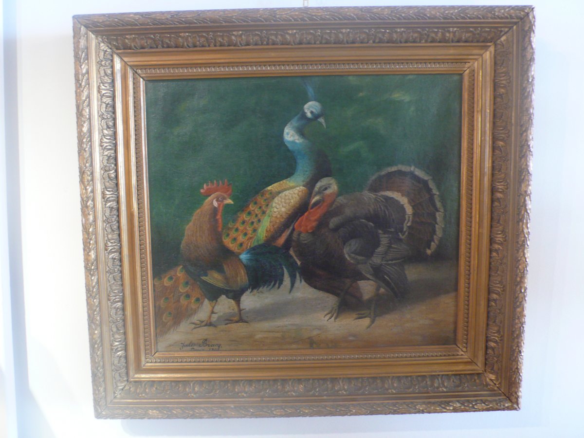 Table Representing A Peacock, A Rooster And A Turkey Signed Jules Bracq.