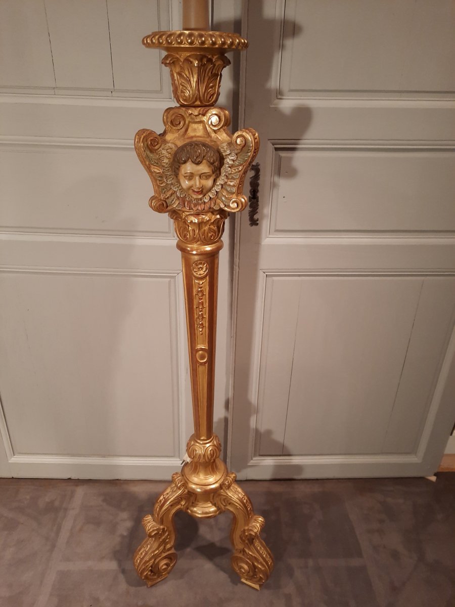 Torchère Floor Lamp With Cherubs, In Golden Wood Renaissance Style.-photo-4