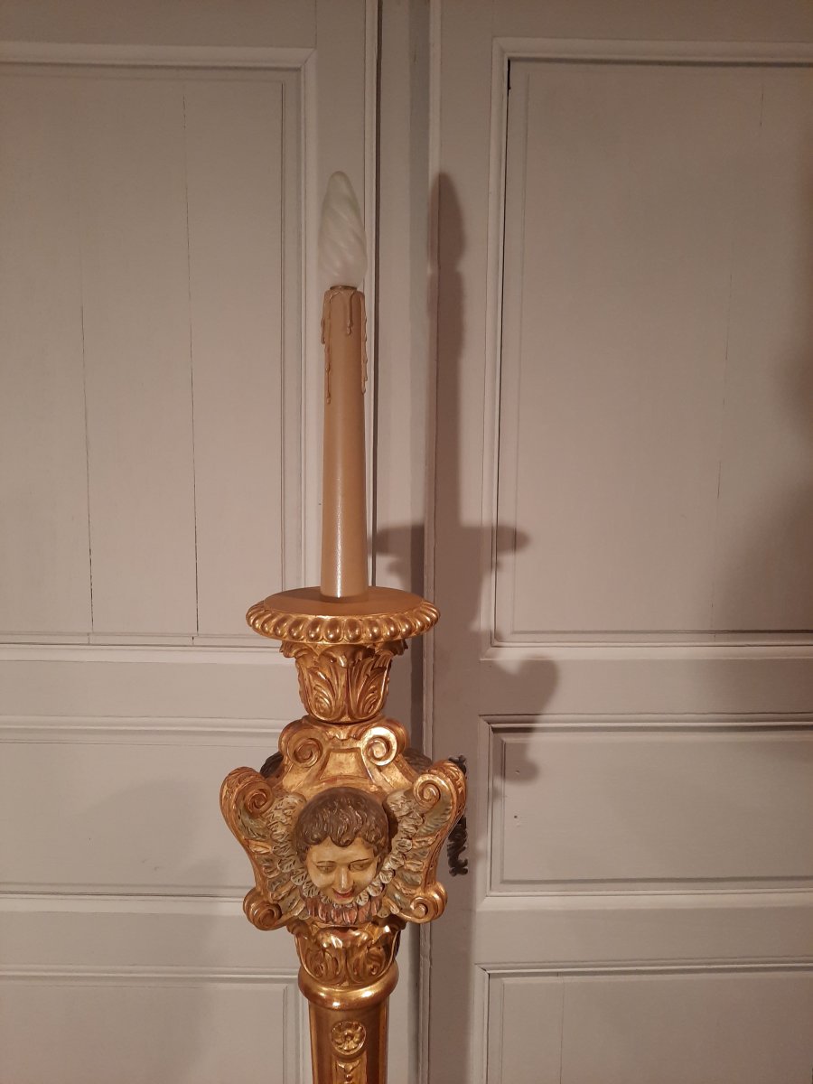 Torchère Floor Lamp With Cherubs, In Golden Wood Renaissance Style.-photo-1
