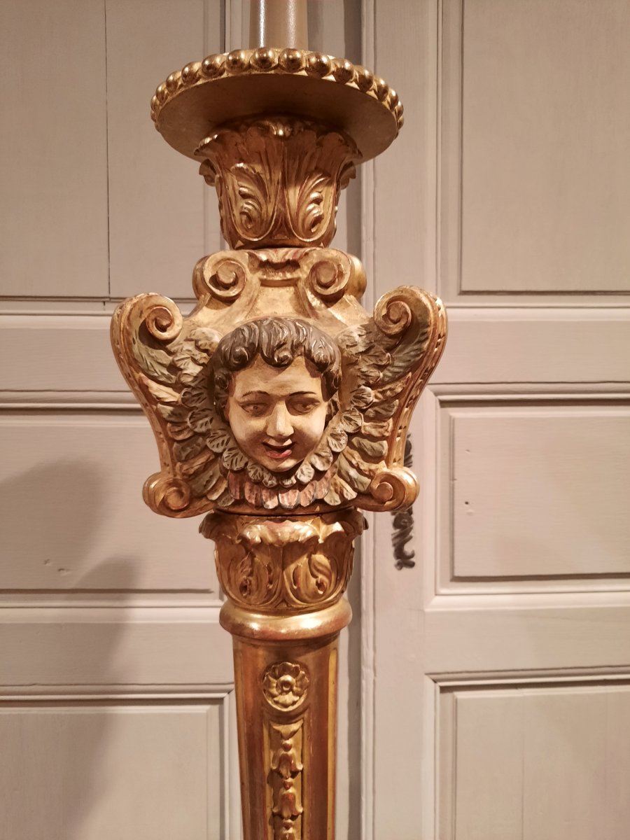 Torchère Floor Lamp With Cherubs, In Golden Wood Renaissance Style.-photo-3