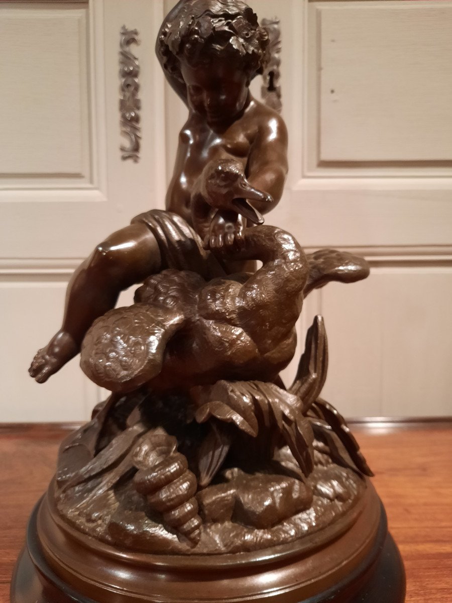 Sculpture En Régule D’époque XIXème Siècle Représentant Un Putti Chevauchant Un Cygne.-photo-3