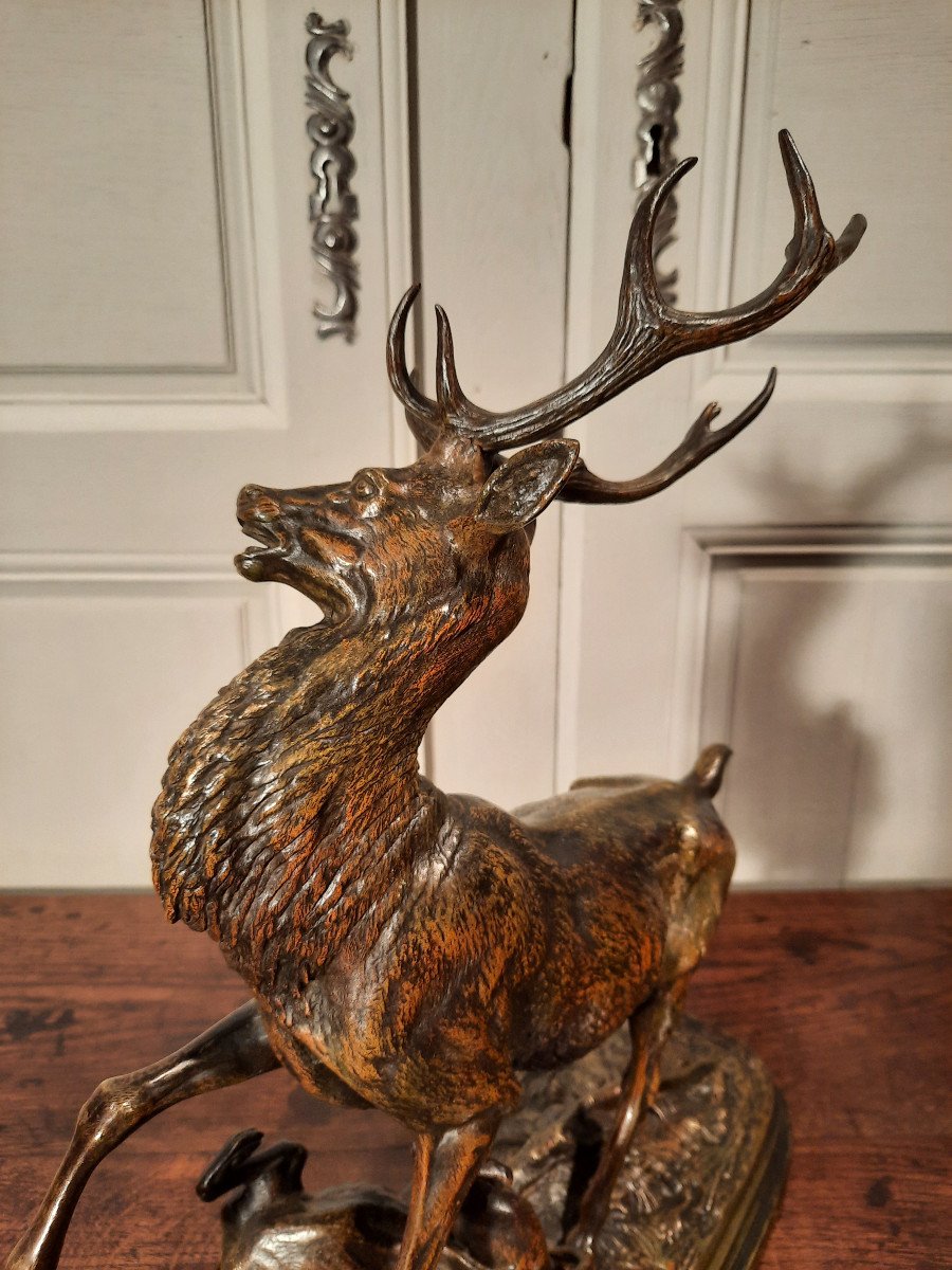 Sculpture En Bronze Représentant Un Cerf Et Un Chien, Signé Delabrierre.-photo-6