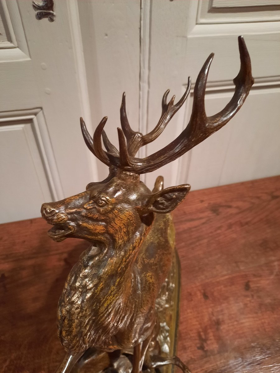 Sculpture En Bronze Représentant Un Cerf Et Un Chien, Signé Delabrierre.-photo-8